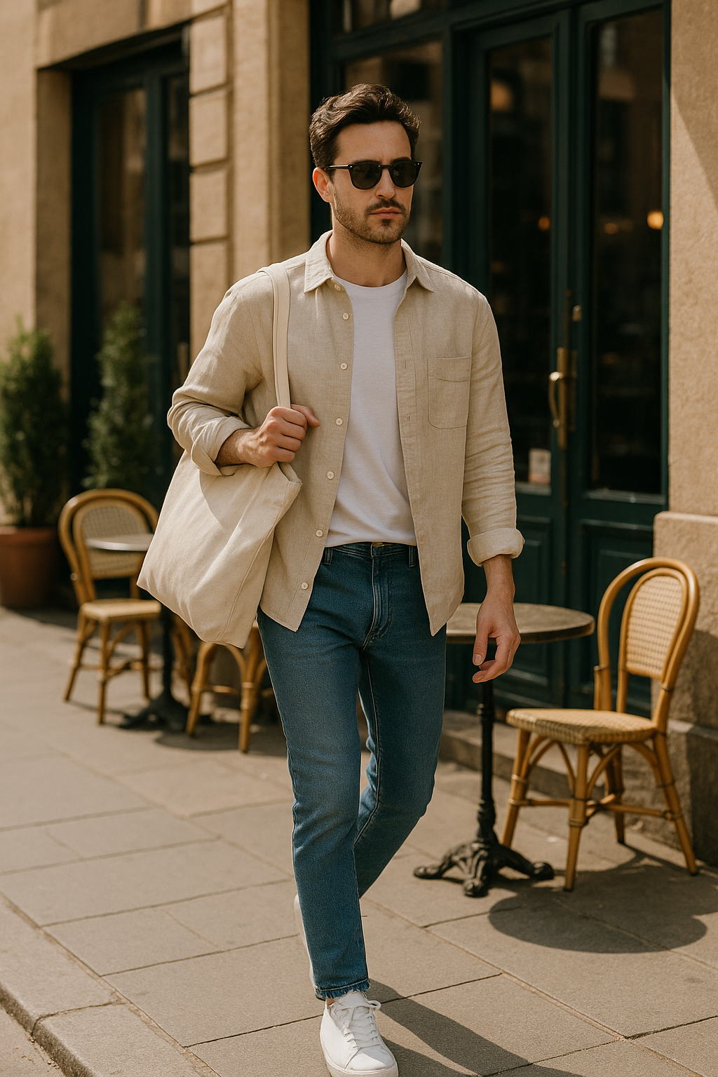 SKIPIKS AI 패션 화보 — casual, minimalist — 베이지 린넨 셔츠와 화이트 티셔츠가 청바지와 매치되어 시크하고 캐주얼한 무드를 자아냅니다. 선글라스와 토트백을 더해 스타일의 완성도를 높이세요.