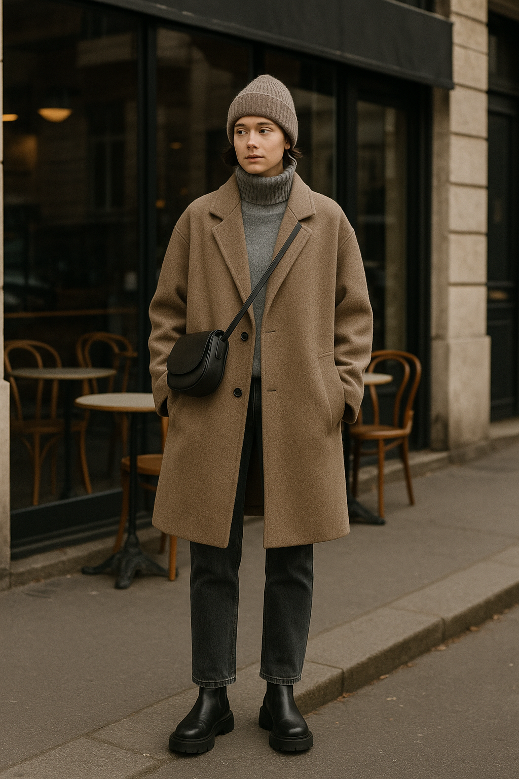 SKIPIKS AI 패션 화보 — minimalist, chic — 베이지 톤의 울 코트와 회색 니트 터틀넥의 조합이 따뜻하면서도 도시적인 감성을 연출해요. 니트 비니와 블랙 첼시 부츠로 포인트를 줘 스타일링을 