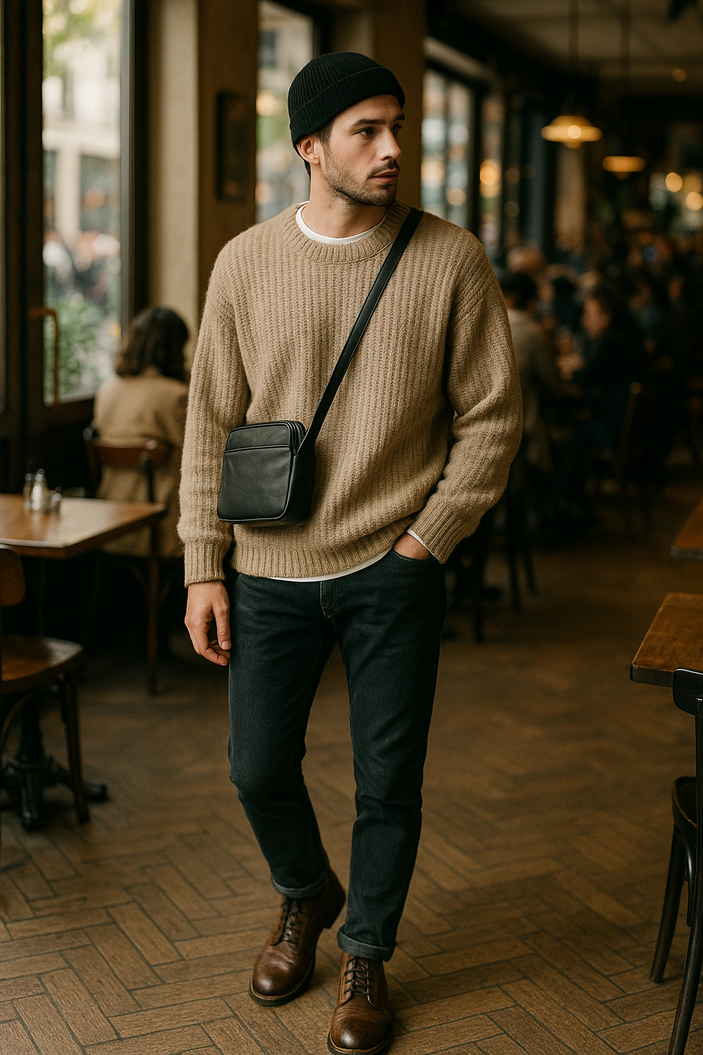 SKIPIKS AI 패션 화보 — minimalist, casual — 부드러운 베이지 니트와 검정 청바지로 클래식하면서도 세련된 무드를 연출했어요. 검정 비니와 크로스백이 룩에 캐주얼한 포인트를 더해줍니다. 가을 