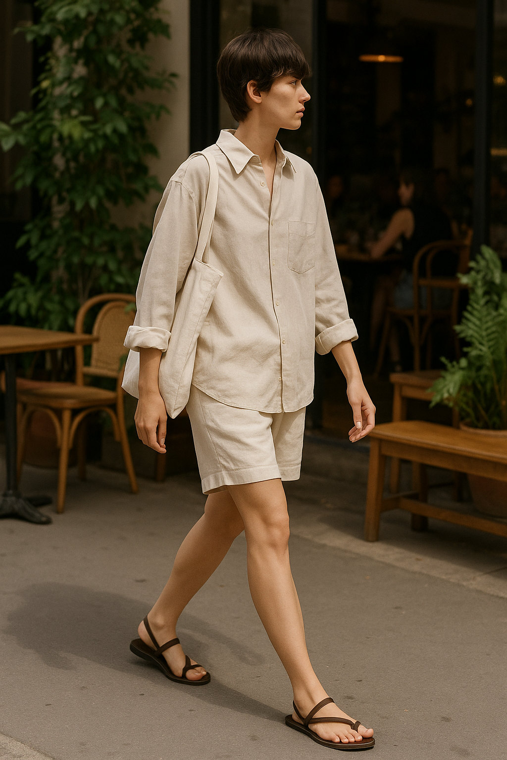 SKIPIKS AI 패션 화보 — minimalist, casual, summer — 베이지 톤의 린넨 셋업으로 여름의 쾌적함을 살린 미니멀 룩이에요. 고급스러운 린넨 소재가 주는 자연스러운 실루엣이 매력적입니다. 편안한 샌들과 