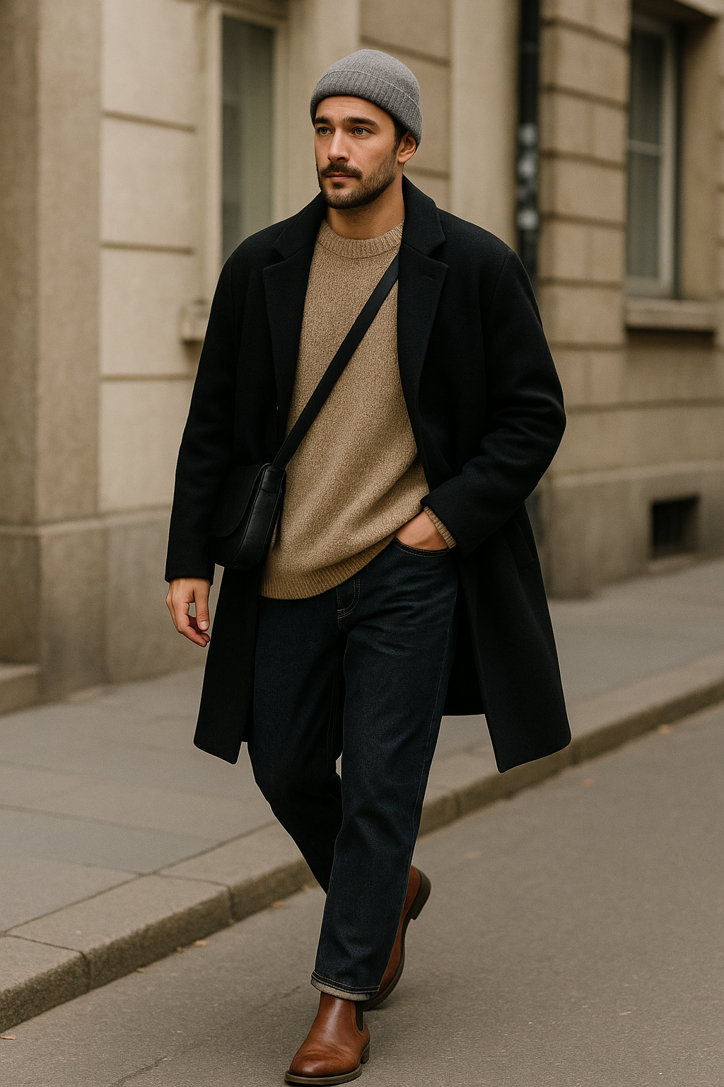 SKIPIKS AI 패션 화보 — casual, streetwear, layered — 검정 코트와 베이지 니트 스웨터의 조화가 세련된 분위기를 물씬 풍깁니다. 네이비 데님과 브라운 첼시 부츠로 클래식하면서도 캐주얼한 무드를 완성해