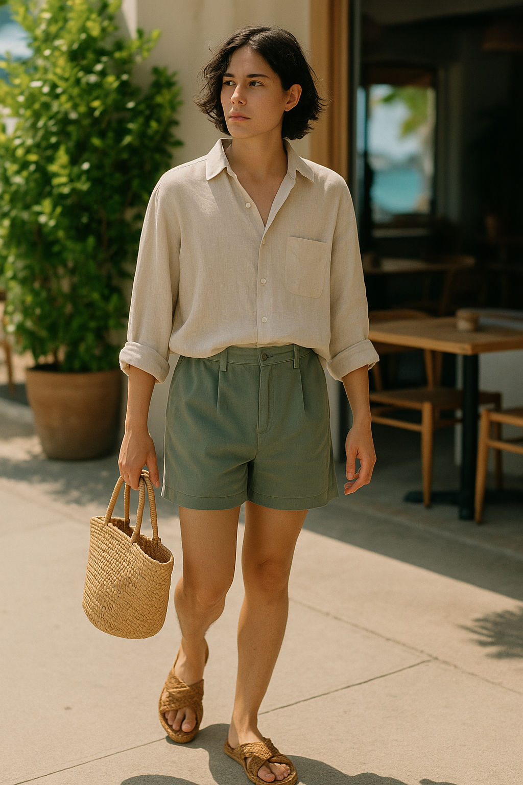 SKIPIKS AI 패션 화보 — minimalist, casual — 베이지 린넨 셔츠와 카키 반바지가 자연스럽게 어우러진 룩입니다. 편안한 샌들과 라탄 토트백으로 여름의 릴렉스한 분위기를 더해보세요. 일상에서 벗