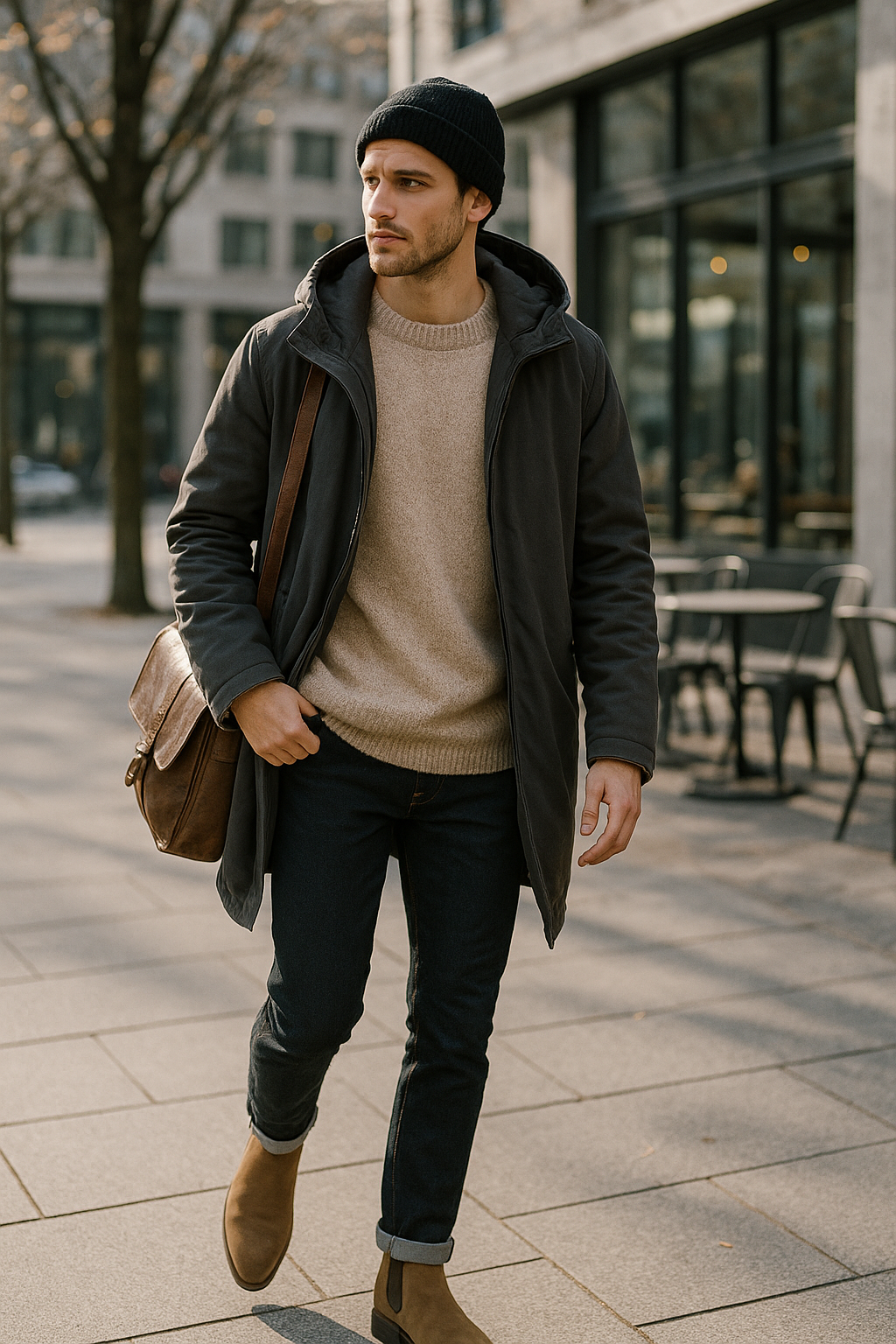 SKIPIKS AI 패션 화보 — classic, casual, minimalist — 다크 그레이 코트와 베이지 니트의 조화가 따뜻하고 차분한 느낌을 주는 룩입니다. 어두운 청바지와 카멜 컬러의 첼시 부츠는 클래식한 매력을 더해줍