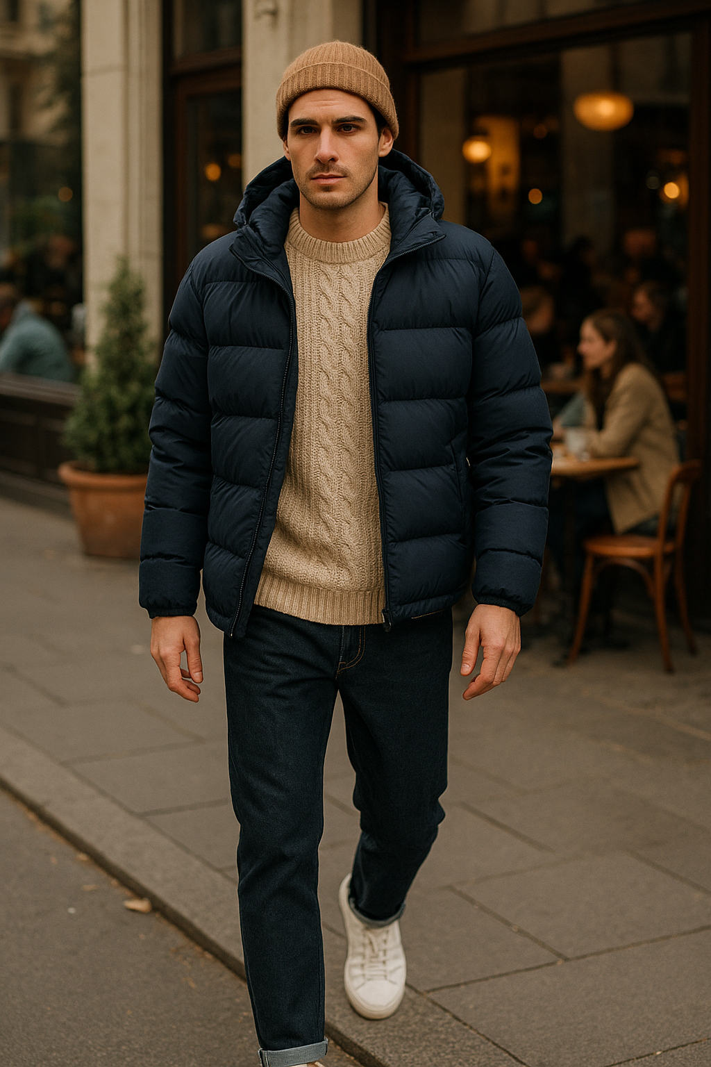 SKIPIKS AI 패션 화보 — casual, streetwear, layered — 네이비 패딩과 베이지 니트가 조화로운 따뜻한 겨울 룩을 완성합니다. 청바지와 화이트 스니커즈로 캐주얼한 매력을 더해보세요. 이런 스타일은 겨울철