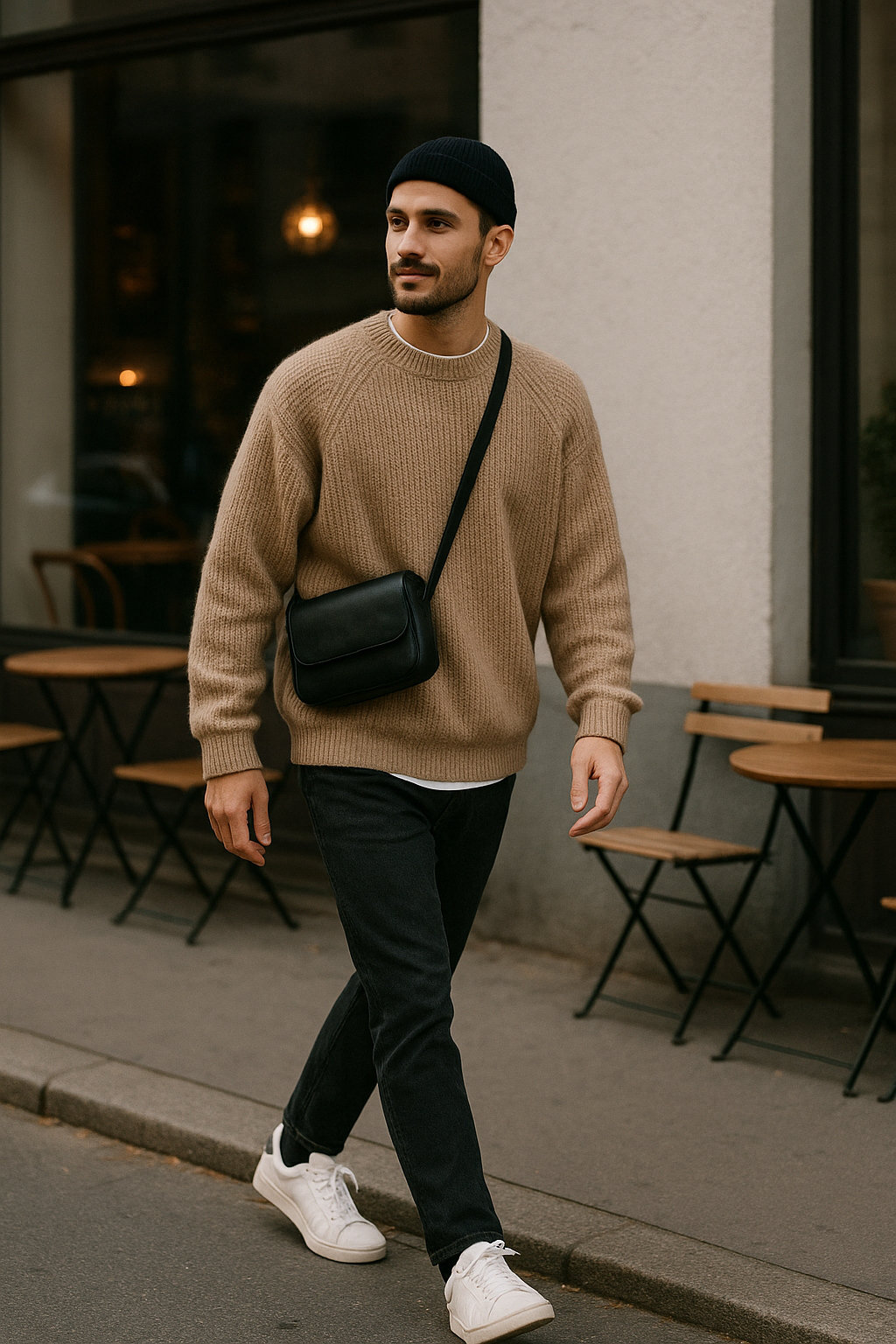 SKIPIKS AI 패션 화보 — minimalist, streetwear — 진한 베이지색 니트 스웨터가 부드러운 느낌을 주며, 캐주얼한 감성을 자아냅니다. 간결한 디자인의 크로스백과 흰색 운동화를 매치하여 실용적이면서도