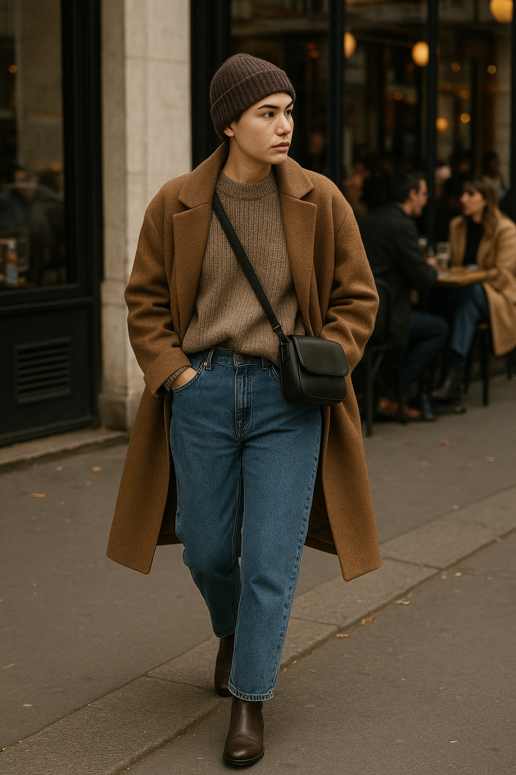 SKIPIKS AI 패션 화보 — minimalist, chic — 따뜻한 갈색 코트와 부드러운 니트의 매치가 따뜻하고 세련된 가을 분위기를 연출해요. 청색 데님 팬츠로 캐주얼한 느낌을 더하고 갈색 부츠로 마무리