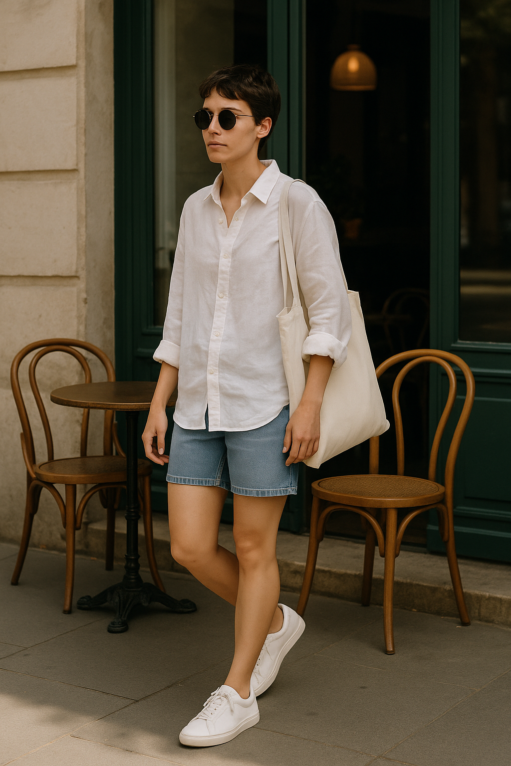SKIPIKS AI 패션 화보 — minimalist, casual — 시원한 흰색 린넨 셔츠와 청바지 반바지가 어우러져 여유로운 여름 무드를 연출합니다. 흰색 스니커즈와 토트백으로 편안하면서도 스타일리시한 느낌을 