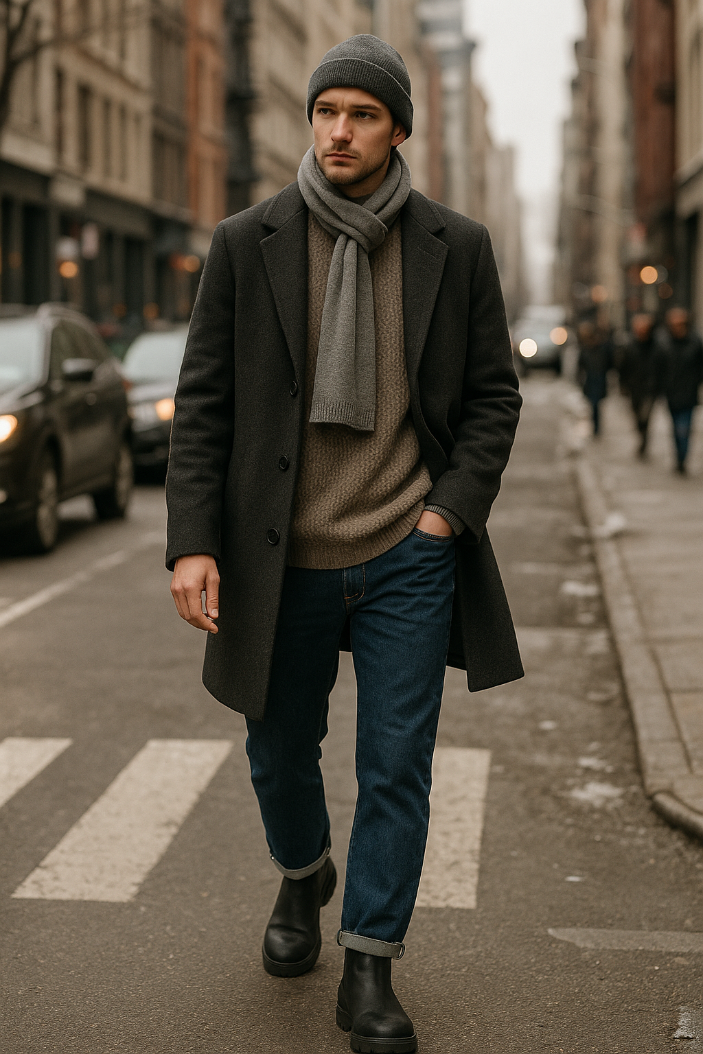 SKIPIKS AI 패션 화보 — minimalist, urbanchic — 차콜그레이 코트와 베이지 니트로 따뜻하고 세련된 도시 남성 룩이 완성됩니다. 청바지와 블랙 첼시 부츠를 매치하여 깔끔한 실루엣을 강조하세요. 추