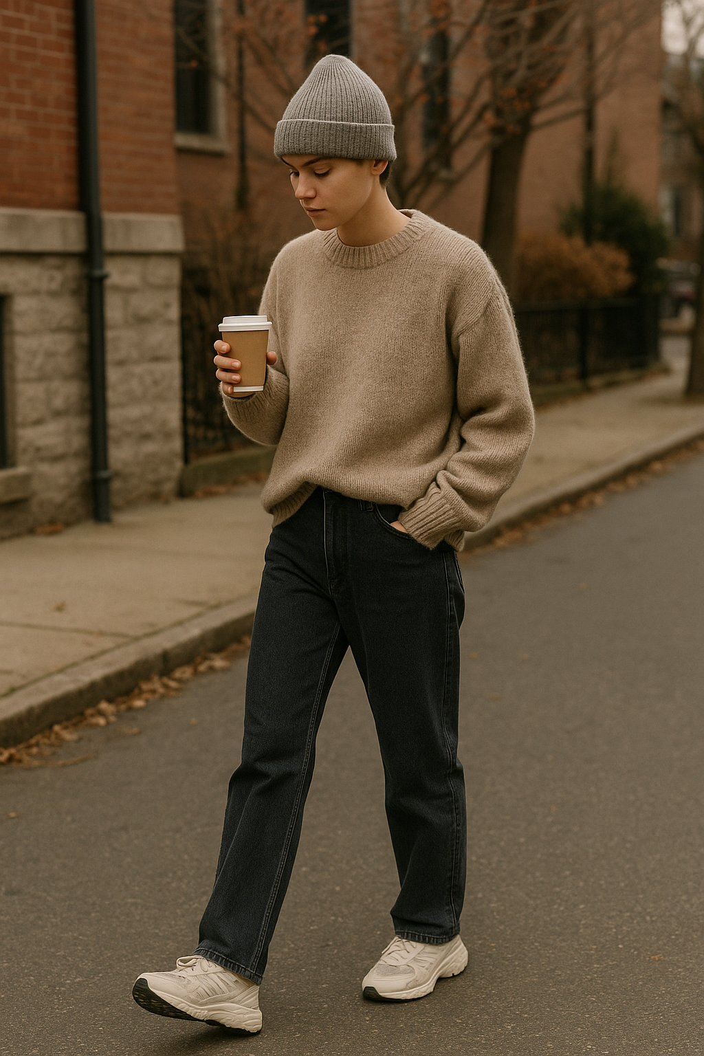 SKIPIKS AI 패션 화보 — casual, minimalist — 편안한 실루엣의 베이지 스웨터와 회색 비니가 따뜻하고 아늑한 무드를 완성해줍니다. 검정 데님 팬츠와 흰색 운동화를 매치하여 깔끔하면서도 스타일리