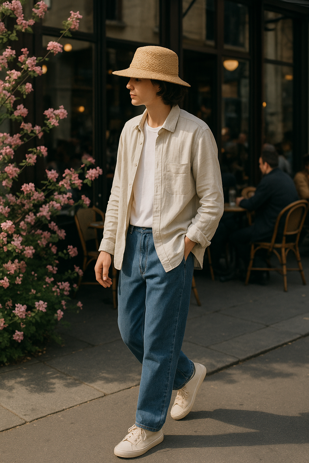 SKIPIKS AI 패션 화보 — casual, minimalist — 린넨 셔츠와 청바지의 조합이 캐주얼하면서도 자연스러운 무드를 연출해줍니다. 밀짚 모자로 포인트를 주어 스타일리시함을 더해보세요. 봄 날씨에 어울