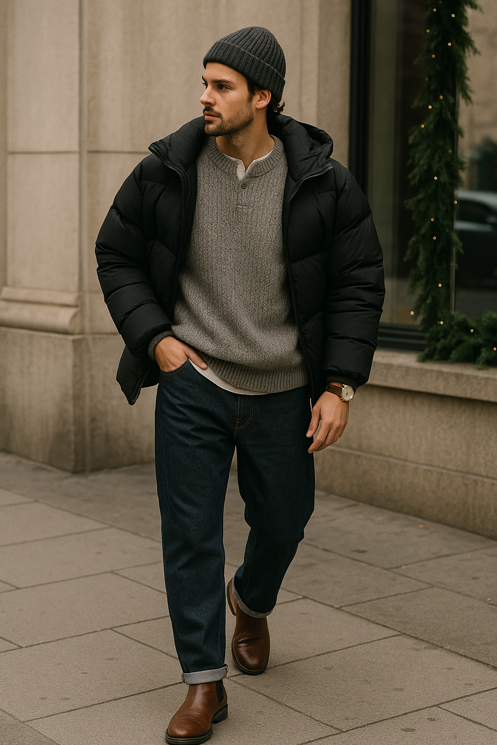 SKIPIKS AI 패션 화보 — casual, urban — 세련되고 도시적인 무드를 띈 겨울 룩을 추천해요. 회색 비니와 니트 스웨터가 푸근하면서도 스타일리시한 느낌을 줍니다. 검정 패딩 점퍼는 추운 날