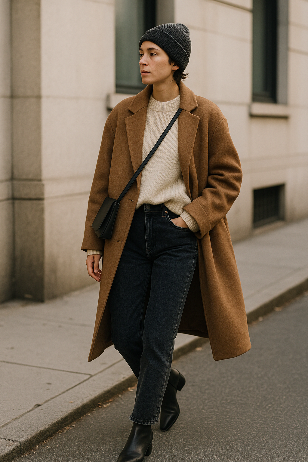 SKIPIKS AI 패션 화보 — minimalist, casual — 따뜻한 브라운 컬러의 울 코트가 여유로운 실루엣을 선사하며, 베이지 니트가 부드러운 분위기를 더해줍니다. 블랙 청바지와 앵클 부츠로 클래식한 무