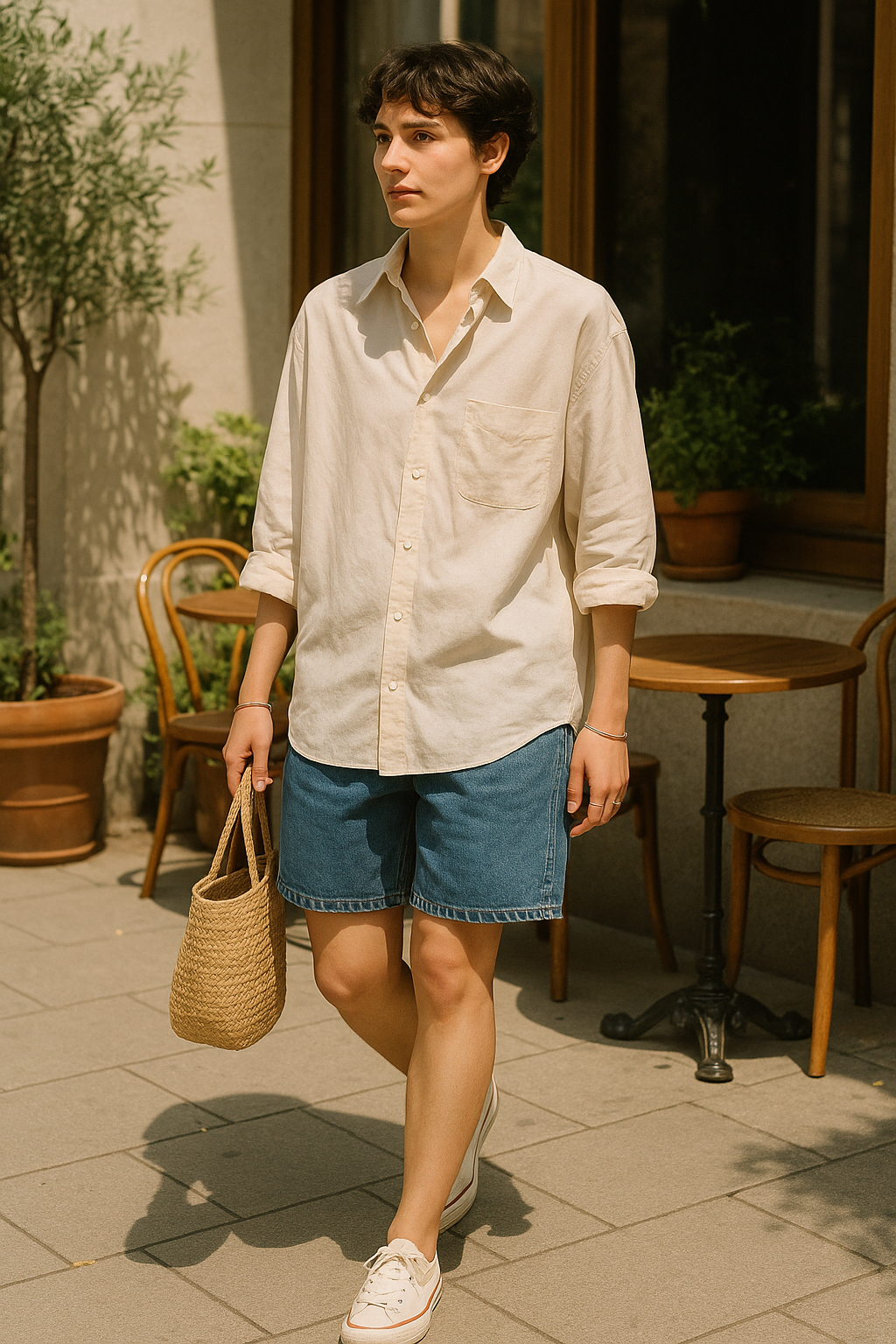 SKIPIKS AI 패션 화보 — casual, minimalist — 크림색 셔츠와 데님 반바지의 조합이 시원하고 편안한 여름 무드를 만들어줍니다. 라탄 소재의 토트백을 매치해 자연스러운 포인트를 더해보세요. 데일