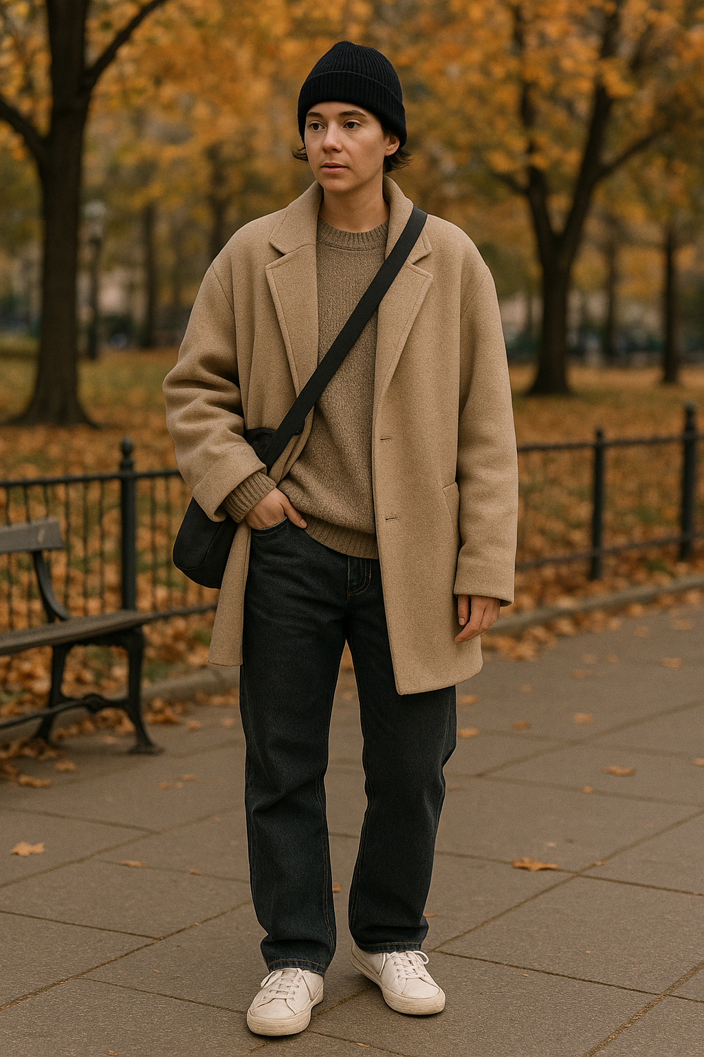 SKIPIKS AI 패션 화보 — casual, minimalist — 베이지 코트와 니트의 따뜻한 색감이 어우러진 가을 분위기가 매력적인 룩입니다. 빈티지 데님과 화이트 스니커즈로 편안하면서도 멋스러운 스타일을 완