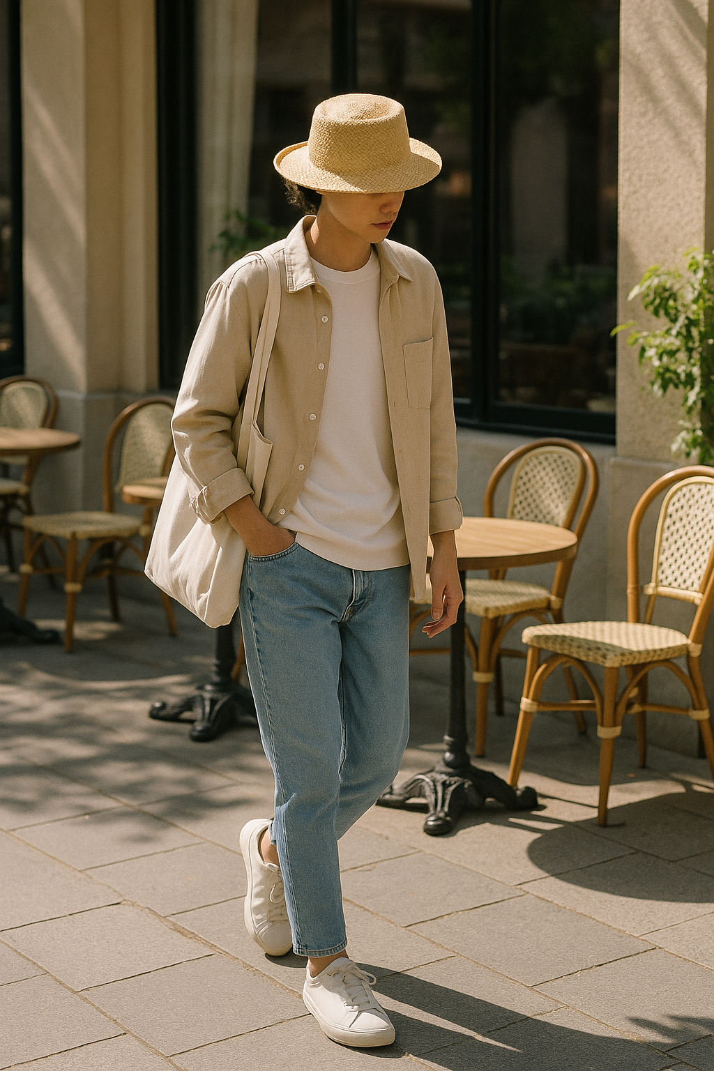 SKIPIKS AI 패션 화보 — minimalist, casual — 베이지와 화이트의 조화가 자연스러운 룩입니다. 린넨 셔츠와 청바지를 매치하여 여유로운 분위기를 연출해보세요. 에코백과 밀짚모자의 조합은 여름날의