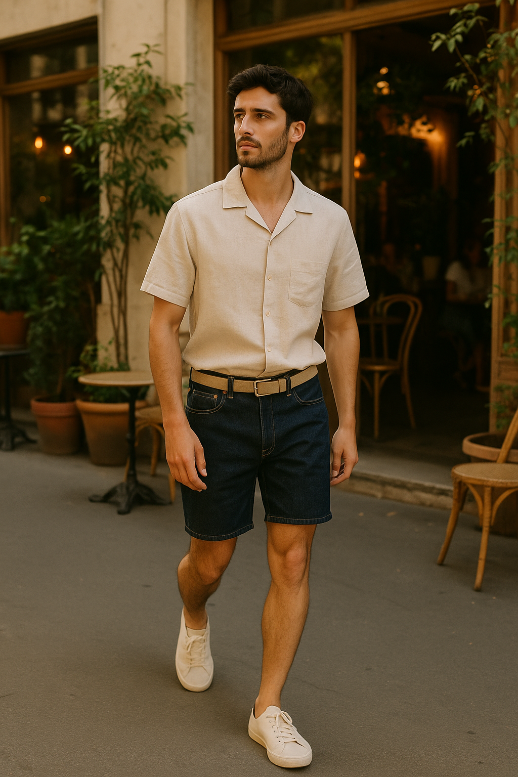 SKIPIKS AI 패션 화보 — casual, minimalist — 심플하면서도 시원한 분위기가 돋보이는 남성 캐주얼 스타일입니다. 베이지 린넨 셔츠와 네이비 데님 반바지 조합이 시원하면서 세련된 무드를 만들어줍