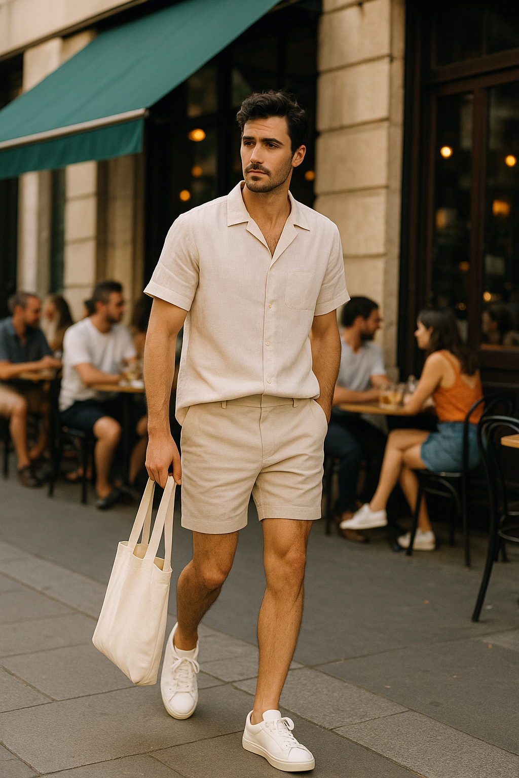 SKIPIKS AI 패션 화보 — minimalist, casual — 베이지 톤의 린넨 소재 셔츠와 반바지가 가벼운 여름 분위기를 완성합니다. 깔끔한 화이트 스니커즈와 심플한 토트백으로 미니멀한 스타일이 돋보입니다