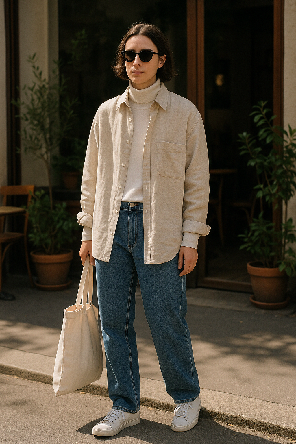 SKIPIKS AI 패션 화보 — casual, minimalist — 베이지 셔츠와 화이트 터틀넥의 레이어링이 세련된 무드를 연출해보세요. 청바지와 화이트 스니커즈로 캐주얼하게 마무리되어 데일리 룩에 적합해요. 가