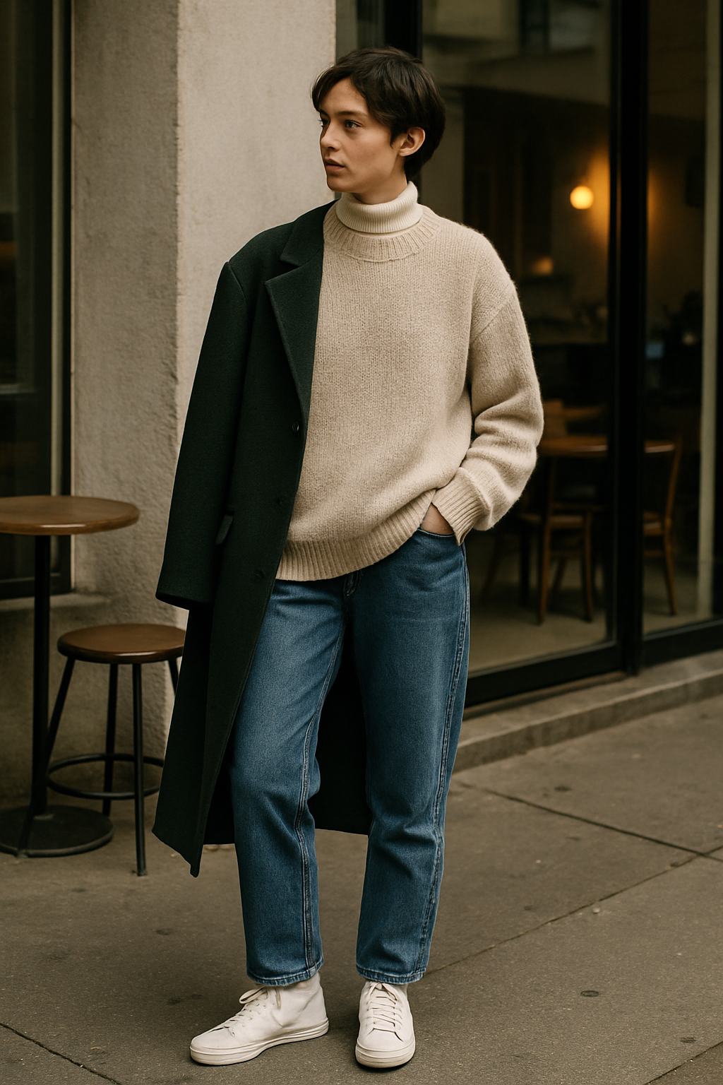 SKIPIKS AI 패션 화보 — urban, casual — 짙은 녹색 코트와 베이지 니트가 묘사하는 세련된 도시 감성이 돋보이는 룩이에요. 청바지와 흰색 운동화로 캐주얼한 분위기를 더해 일상에서 편안하게
