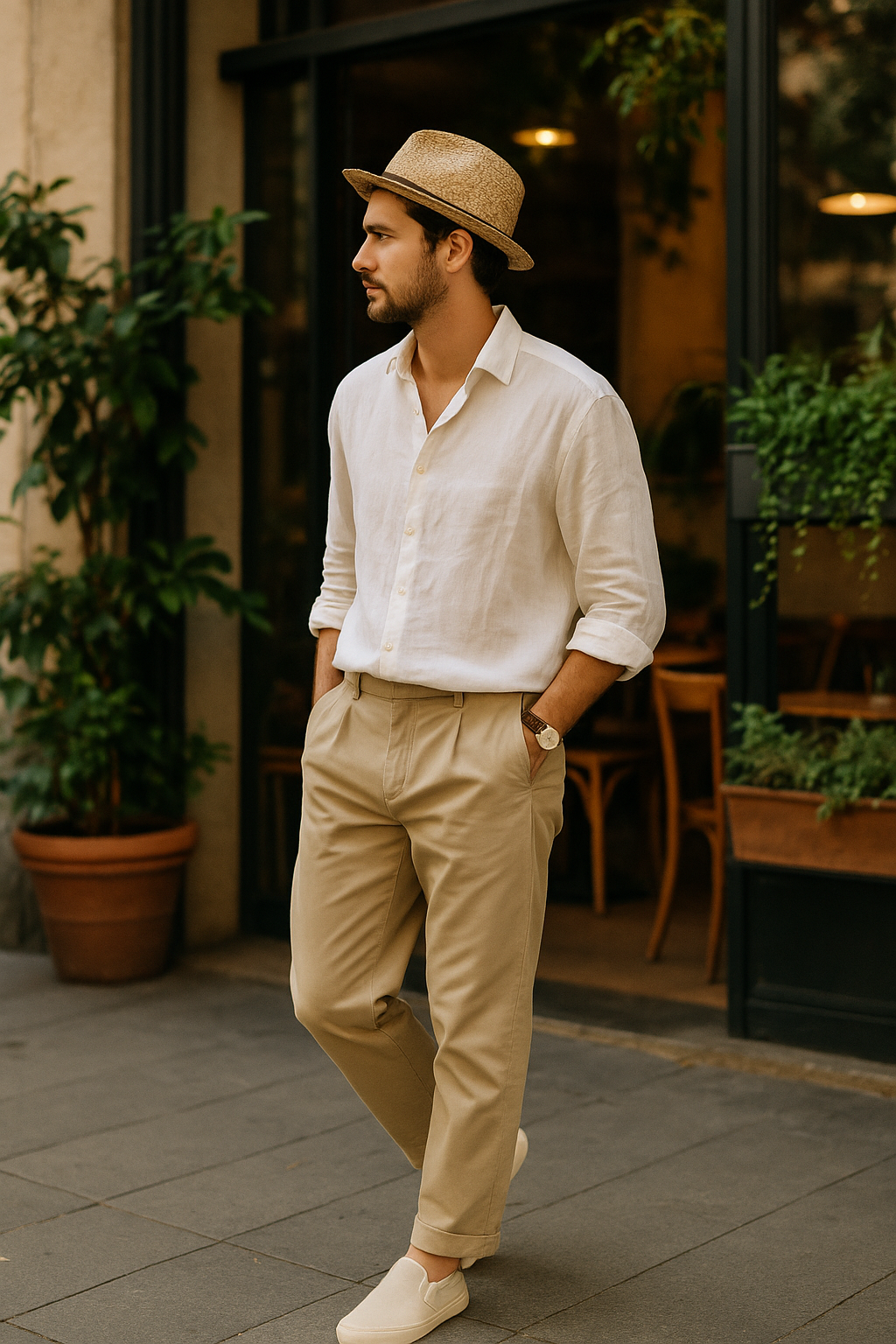 SKIPIKS AI 패션 화보 — minimalist, casual — 깔끔한 화이트 셔츠와 베이지 치노 팬츠가 조화를 이루는 미니멀한 여름 스타일입니다. 밀짚 모자와 실버 시계로 세련된 포인트를 더해보세요. 친구와