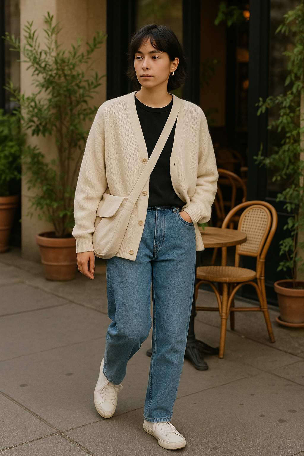 SKIPIKS AI 패션 화보 — minimalist, streetwear — 베이지 가디건과 블랙 티셔츠의 조합이 간결하면서도 세련된 미니멀룩을 완성합니다. 청바지와 화이트 스니커즈로 캐주얼한 매력을 더해 매일 입기 좋은