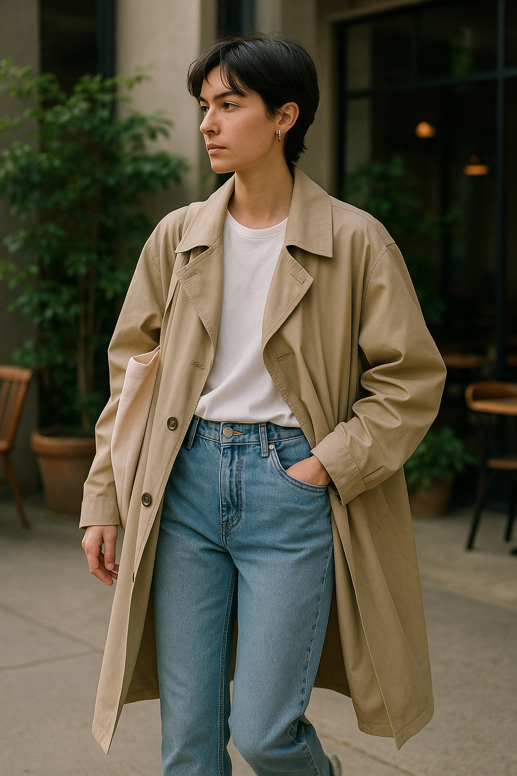 SKIPIKS AI 패션 화보 — minimalist, casual — 베이지 트렌치코트가 핵심인 깔끔하고 세련된 룩입니다. 화이트 티셔츠와 청바지를 매치해 자연스러운 데일리 스타일을 완성하세요. 가을철 가볍게 외출