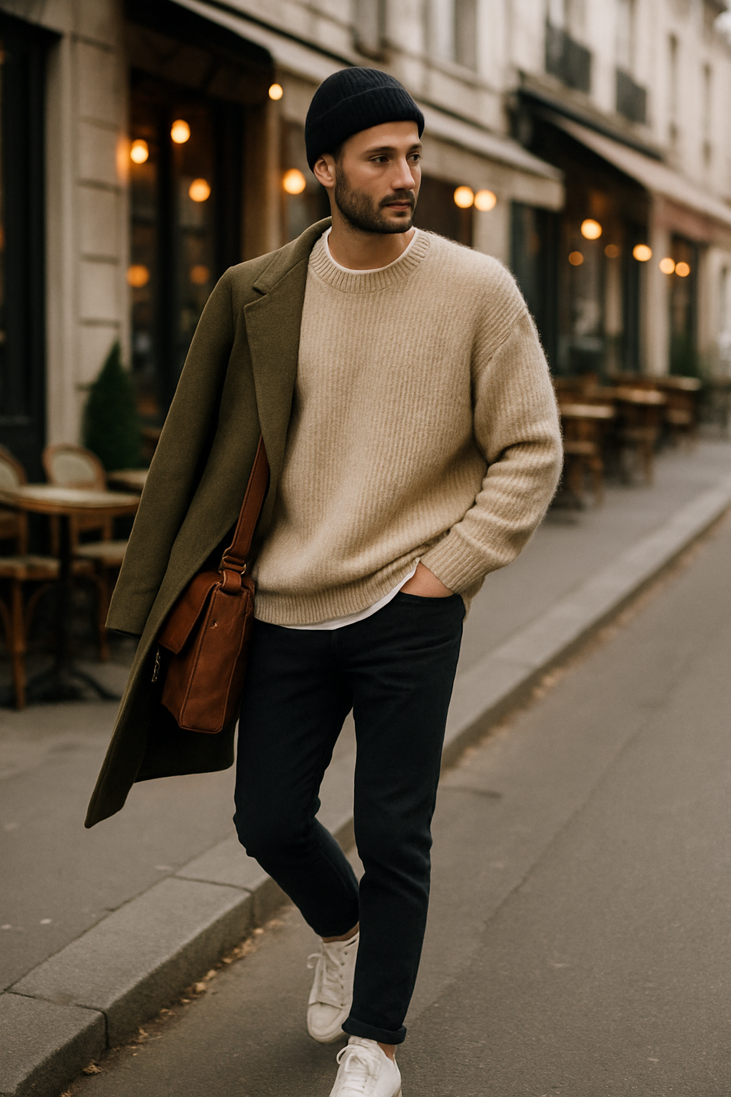 SKIPIKS AI 패션 화보 — minimalist, casual — 따뜻한 톤의 베이지 니트와 카키 코트가 조화를 이루어 부드러운 가을 분위기를 연출해요. 슬림 블랙 팬츠와 화이트 스니커즈로 깔끔하게 마무리하며,