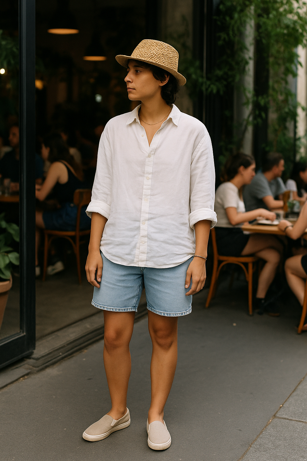 SKIPIKS AI 패션 화보 — minimalist, casual — 시원한 여름 분위기를 살린 미니멀 스타일의 룩입니다. 베이지 톤의 밀짚모자와 베이지 슬립온이 개성을 더해줍니다. 이 룩은 일상적인 여름 나들이에