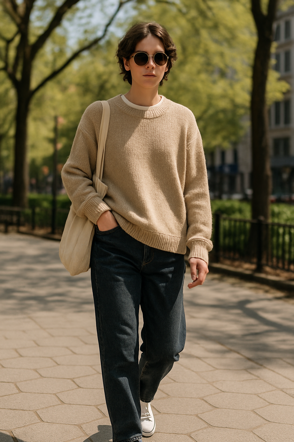 SKIPIKS AI 패션 화보 — casual, minimalist — 베이지 니트 스웨터와 진청 데님 팬츠의 조화가 고급스러운 캐주얼한 무드를 완성합니다. 여기에 아이보리 캔버스 백과 화이트 운동화를 매치해 더욱 