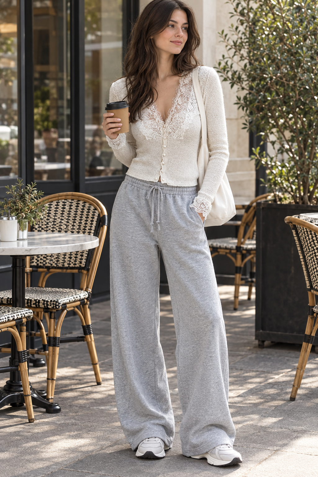 SKIPIKS AI 패션 화보 — casual, feminine — 아이보리 니트 가디건과 그레이 조거 팬츠가 만나 편안하면서도 여성스러운 무드를 연출해요. 니트의 레이스 디테일이 우아함을 더해주며, 캐주얼한 운