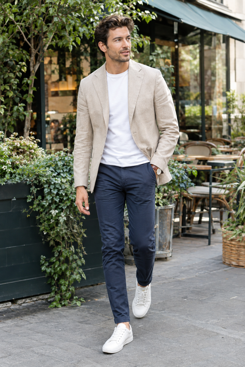 SKIPIKS AI 패션 화보 — smart_casual, minimalist — 베이지 재킷과 네이비 팬츠의 조화가 세련된 느낌을 주며, 화이트 티셔츠가 룩의 밝은 포인트를 완성합니다. 심플한 디자인의 화이트 스니커즈와 함께