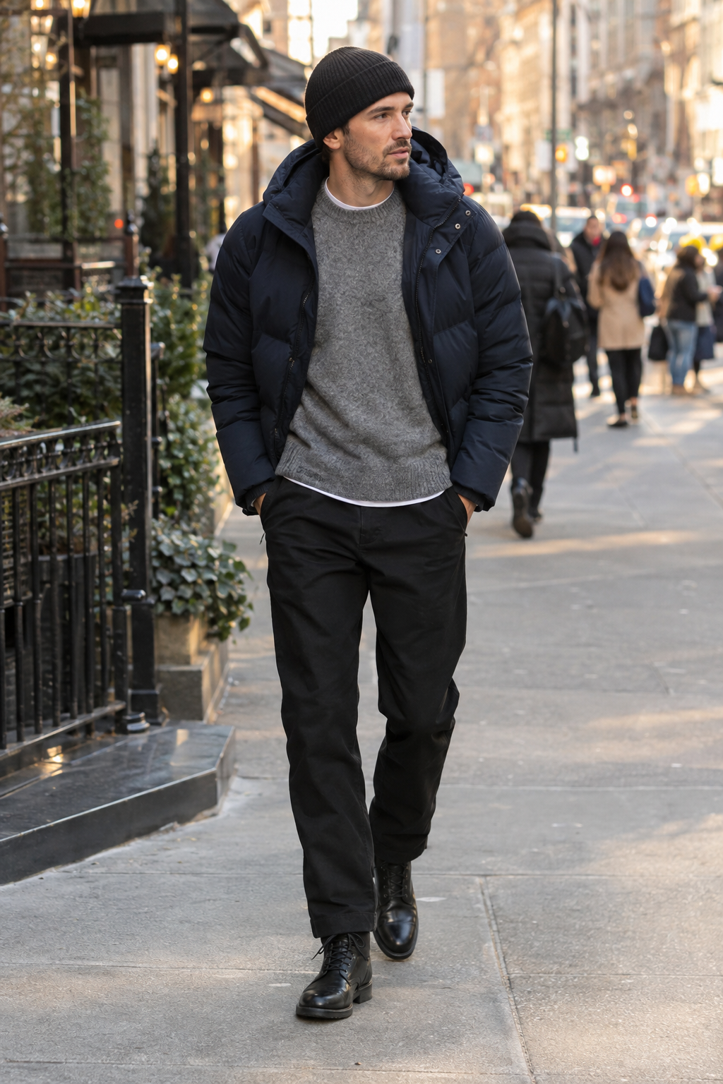 SKIPIKS AI 패션 화보 — casual, urban — 네이비 패딩 재킷과 회색 니트가 따뜻하고 캐주얼한 느낌을 주는 룩입니다. 검정 바지와 가죽 부츠를 매치해 시티 캐주얼 스타일이 완성됩니다. 추운