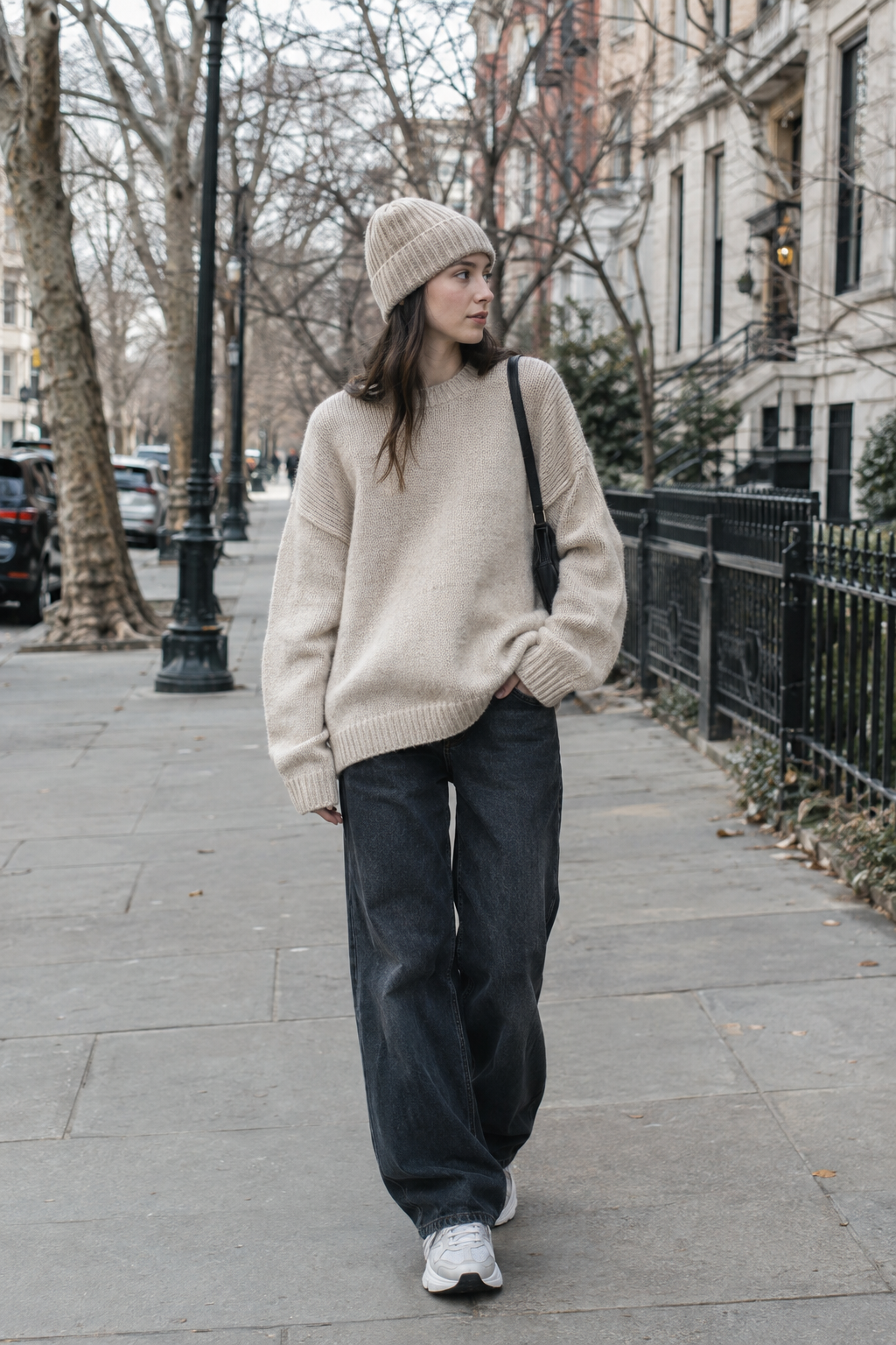 SKIPIKS AI 패션 화보 — casual, minimalist — 베이지 니트와 블랙 데님의 조화가 차분하면서도 세련된 느낌을 줍니다. 편안한 운동화와 함께 매치하면, 일상에서 부담 없이 즐길 수 있는 스타일이